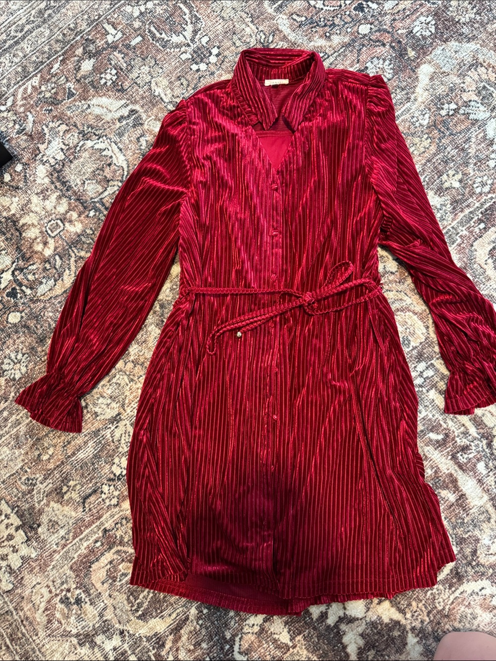 JODIFL Red Velvet Long Sleeve Shirt Dress with Tie Belt